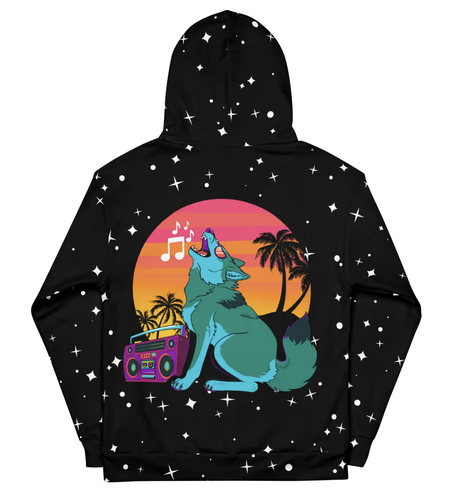 Back of the hoodie. Star pattern background, a holwing teal coyote with a retro sunset behind it, listening to a purple boombox.