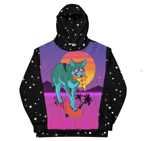 All over print hoodie. The main image is a teal coyote on a skateboard eating pizza and wearing sunglasses.