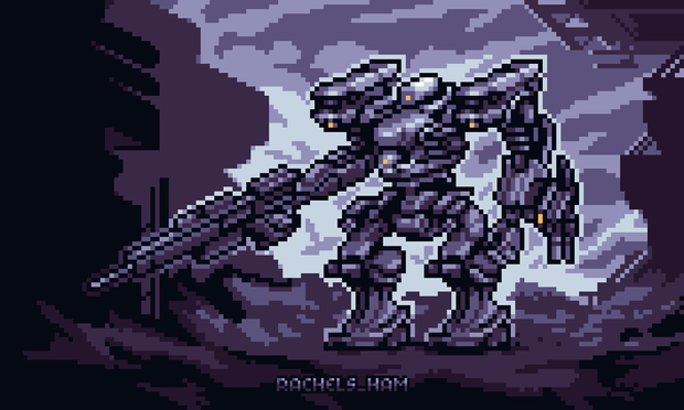 The artwork is drawn in a pixel art style. It depicts a mech from Armored Core 6 standing in a ruined industrial environment. The artist's name is rachels_ham.