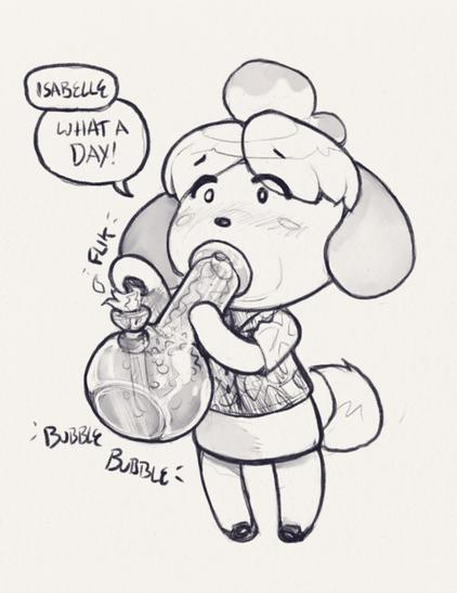 Sketch. Isabel from ACNH is taking a rip on a bong and saying "what a day!"