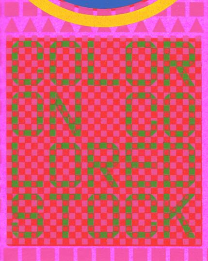 Cropped detail from a scan of a graphic on fluorescent pink paper with “COLOR ON COLORED STOCK” in green and red lettering.