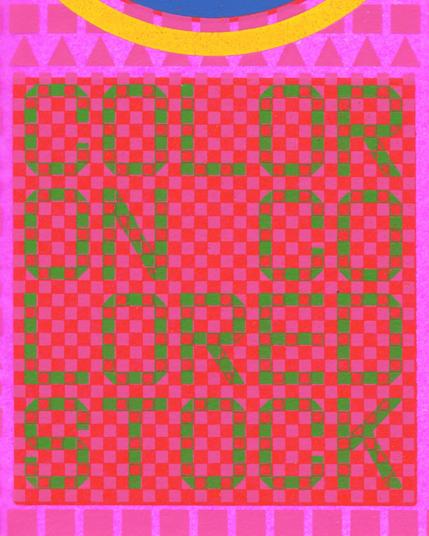 Cropped detail from a scan of a graphic on fluorescent pink paper with “COLOR ON COLORED STOCK” in green and red lettering.