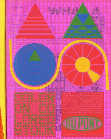A scan of a graphic on fluorescent pink paper with geometric shapes and “COLOR ON COLORED STOCK” in green and red lettering and the Du Pont logo.