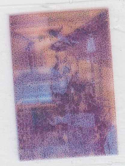 Two images printed in blue and red and overlapping on a decal and stuck to a microscope slide.