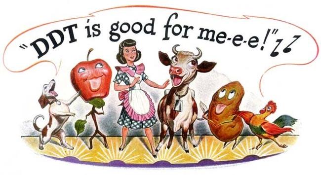 An illustration of a dog (brown and white), and an apple creature (with an apple for a head, and branches for limbs, and leaves for hands), a woman in a blue and white checkered dress and an apron, a brown and white cow, a potato, and a rooster. They are all dancing and smiling, while singing, "DDT is good for me-e-e!"