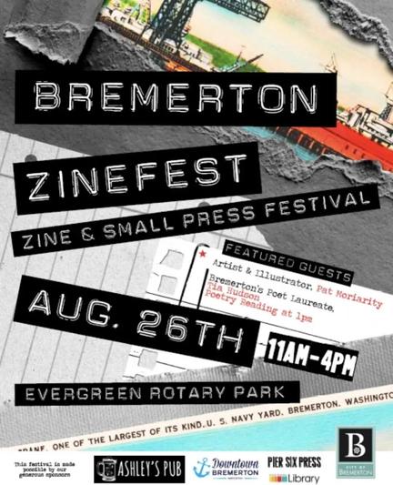 Bremerton Zine Fest flier with black embossed label maker text over navy boatyard graphic