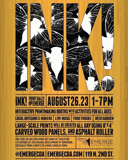 Ink Rally flier with big black text filled with white insect images and wings spelling out INK! and plain info black text over gold background