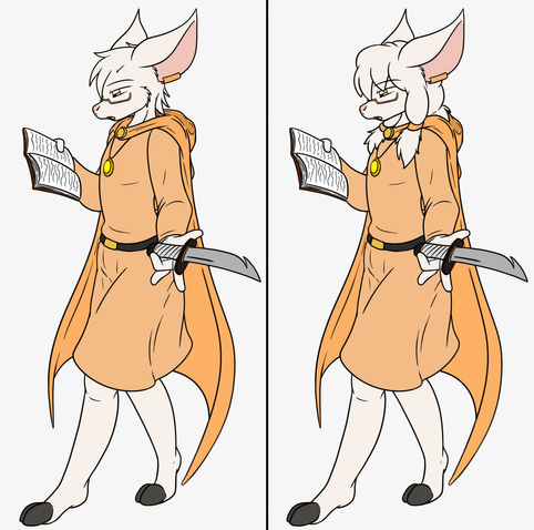 Side by side of a shaven and unshaven male sheep in fantasy attire, reading a book while playing with a perfectly innocent knife.