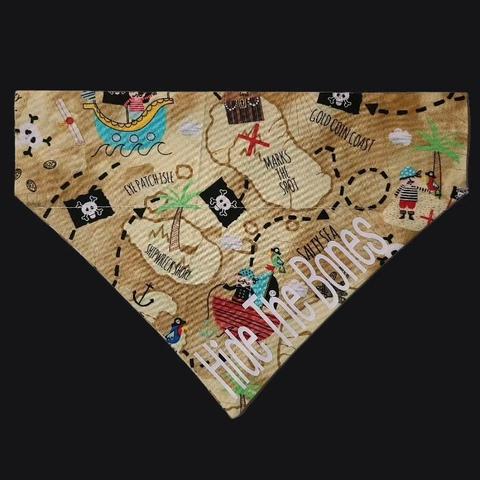 our treasure map pet bandana that says "Hide The Bones"