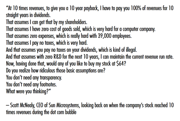 “At 10 times revenues, to give you a 10 year payback, I have to pay you 100% of revenues for 10 straight years in dividends.
That assumes I can get that by my shareholders.
That assumes I have zero cost of goods sold, which is very hard for a computer company.
That assumes zero expenses, which is really hard with 39,000 employees.
That assumes I pay no taxes, which is very hard.
And that assumes you pay no taxes on your dividends, which is kind of illegal.
And that assumes with zero R&D for the next 10 years, I can maintain the current revenue run rate.
Now, having done that, would any of you like to buy my stock at $64?
Do you realize how ridiculous those basic assumptions are?
You don’t need any transparency.
You don’t need any footnotes.
What were you thinking?”

– Scott McNealy, CEO of Sun Microsystems, looking back on when the company’s stock reached 10 times revenues during the dot com bubble