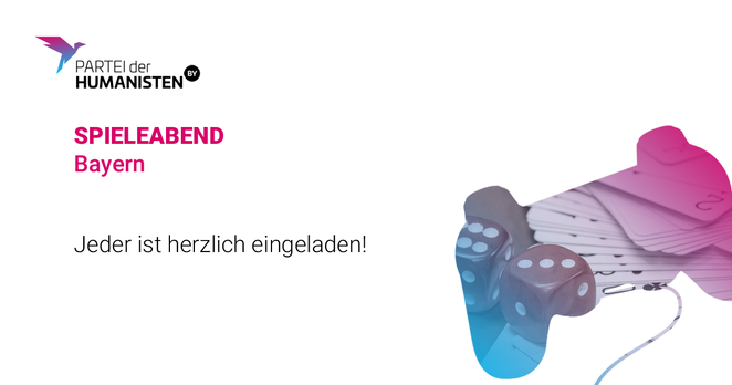 Einladung zum Spieleabend mit Parteilogo und Umriss eines Playstation controllers mit Würfeln und Spielkarten darin in Parteifarben.