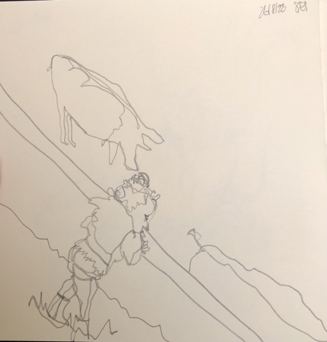 Pencil line sketch of child leaning on fence with pigs behind