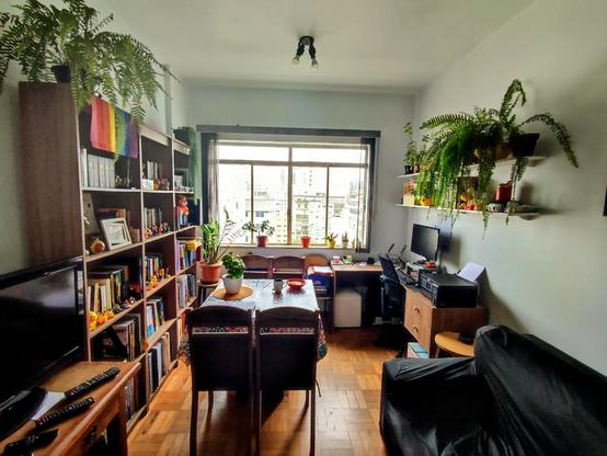 A living room showing on the left a bookshelf, a desk with computer and some plants on the right, and on the middle a table with four chairs. In the back of the room has a windows who lights up the living room.