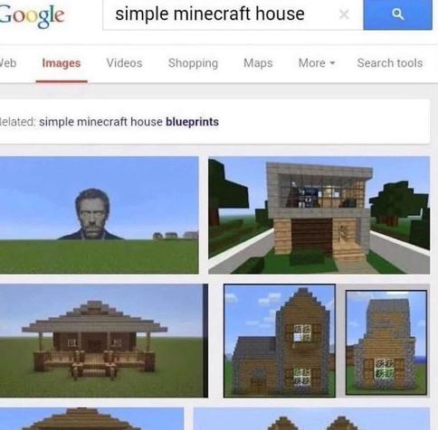 Google image search: simple minecraft house

Results:
- Gregory House built in Minecraft
- A cool Minecraft house
- An awesome Minecraft house
- Minecraft villager house
- Other Minecraft houses