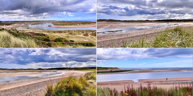 Four photo collage of the river Ythan estuary at Newburgh. Each photo is taken from the beach showing similar scenes. Cloudy grey/white skies, silvery water, grey shingle and green couch grass.