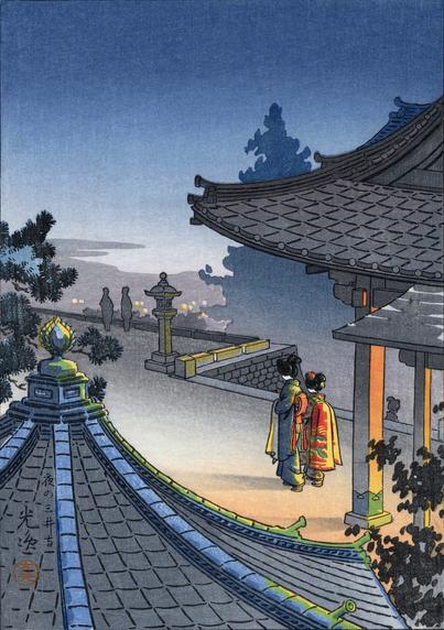 A view looking down over the grounds of Miidera Temple, as a summer evening descends. Curved tile rooftops of temple buildings and the tops of trees populate the foreground and right-hand side of the image; warm light spills out of the temple into the courtyard beyond, where two female figures in traditional kimono are walking together. Just ahead of them, a pair of shadowy figures stands near a stone lantern, looking out over the lights of the city below. Above, the sky is a starless blue, fading into light haze and drifting clouds at the horizon.
