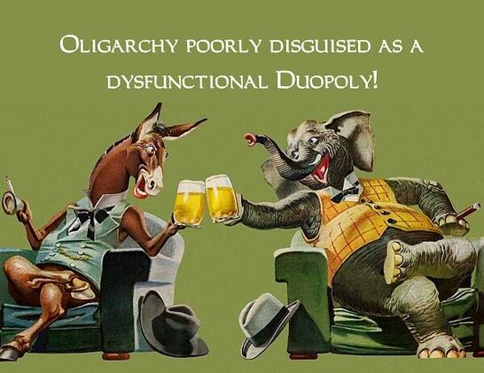 meme of a donkey and an elephant sitting in comfy chairs toasting beers and smoking

Text
"Oligarchy poorly disguised as a dysfunctional duopoly"
