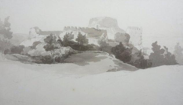 Trementon Castle is shown, drawn in grey wash, on a hill.