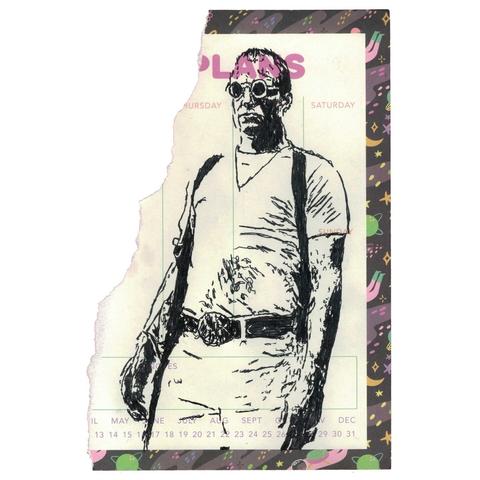 Pen drawing of Woody Harrelson wearing sunglasses and a gun holster and scowling, drawn on a torn weekly planner.