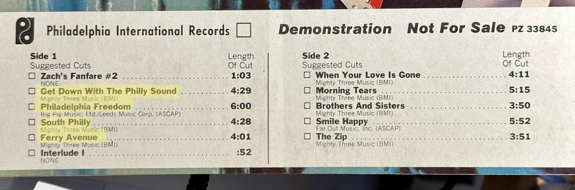 Song list includes “Get down with the Philly sound”, “Philadelphia Freedom”, “South Philly”, and “Ferry Avenue”.