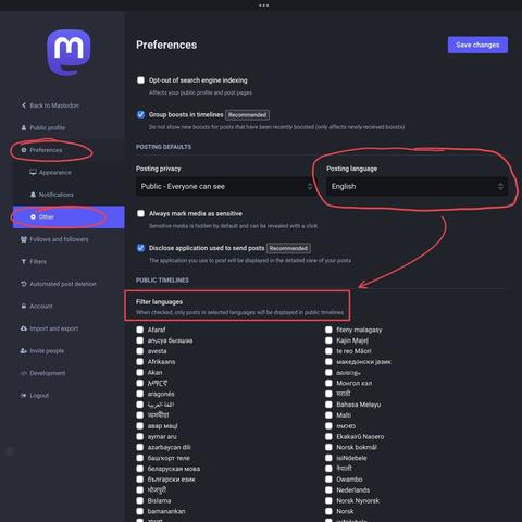Sección Preferencias de Mastodon, que muestra la página Otros. La sección Idioma de publicación está rodeada por un círculo y una flecha apunta a la preferencia de Idiomas de filtro.