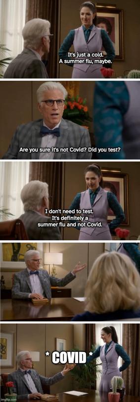 screenshots from scene from The Good Place where Janet keeps presenting cacti instead of whatever anyone asks for. Dialogue from scene has been replaced. First panel caption, Janet says "It's just a cold. A summer flu, maybe." Second panel caption, Michael says "Are you sure it's not Covid? Did you test?" Third panel, Janet says "I don't need to test. It's definitely a summer flu and not Covid." Fourth panel shows Michael reaching his hand out to accept something from Janet. Fifth panel, Janet hands the word COVID to Michael.