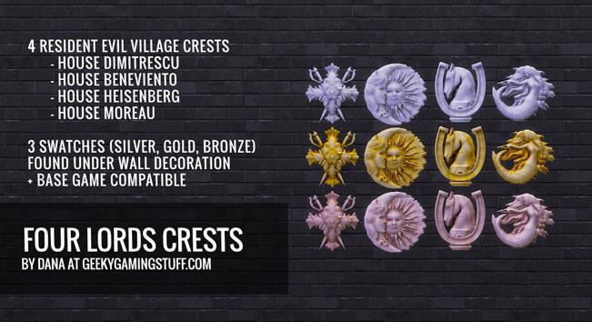 Screenshot of Sims 4 custom content - 4 crests in silver, gold and bronze.
1) Flower with crossed swords
2) Sun and moon
3) Horse with a horseshoe
4) Mermaid