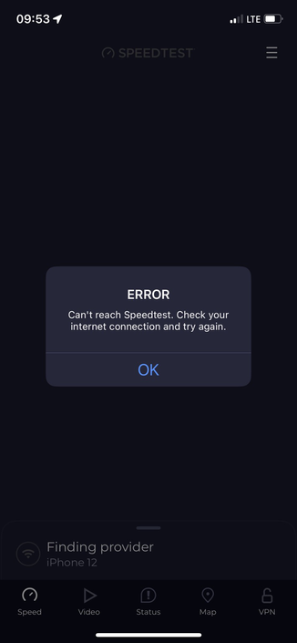 Black image with message box reading “Error: Can’t reach Speedtest. Check your internet connection and try again.”