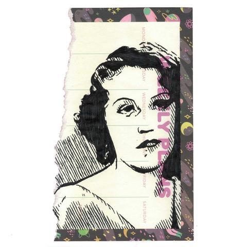 Pen drawing of Fay Wray looking morose and wearing a dress drawn on a torn weekly planner.