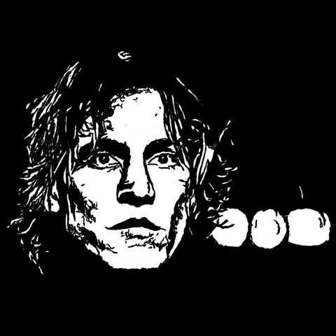 Pen drawing of an exasperated young man’s face drawn on a black background.