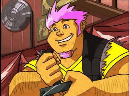 Another screengrab I manipulated via Lunapic. Coop from Megas XLR is one of my all-time favorite fictional characters. Instead of his usual blonde spiky hair, it's now pink. Same with his goatee. In lieu of his normal attire, Harold Cooplowski is wearing a sleeveless black flannel over a yellow V-neck T-shirt. He's playing a videogame using one of those old gray joysticks from the eighties.