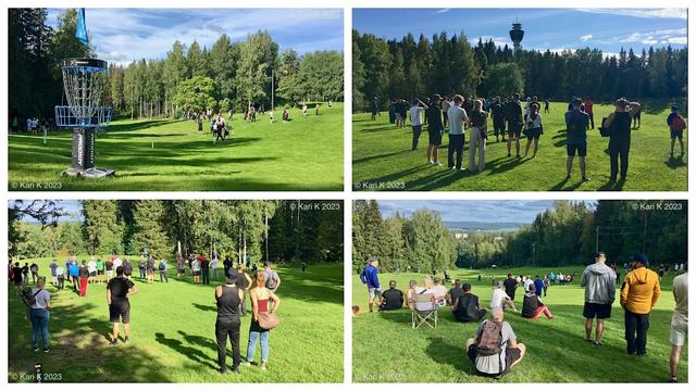 Neljän valokuvan kooste Kuopiosta, Puijon frisbeegolfradalta. Radalla järjestettiin perinteinen Prodigy Disc Pro Tourin osakilpailu. Kuvissa yleisö seuraamassa tarkkaavaisesti heittäjien kilpailusuorituksia.