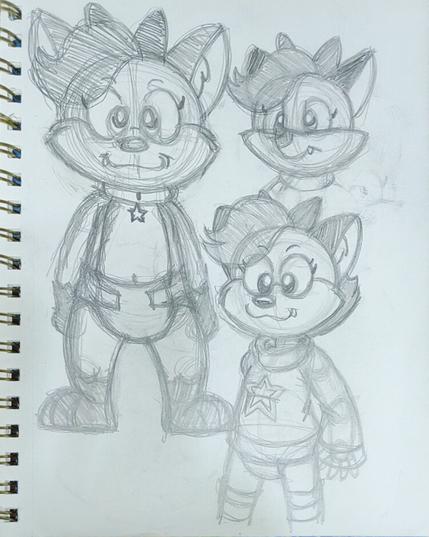 Three rough sketches of a fox girl furry. One of a small kit in just a diaper and collar with a star shaped tag. The second is just a headshot done in a more angular cartoony style. The last is an older version, tween-aged, wearing a baggy sweater over a diaper and striped socks.