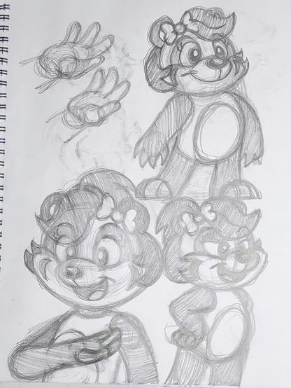 Three rough sketches of a badger girl furry. One gesturing to something off screen; another with her hands at her hips, giving someone a bit of attitude; and the last being a simple standing pose.