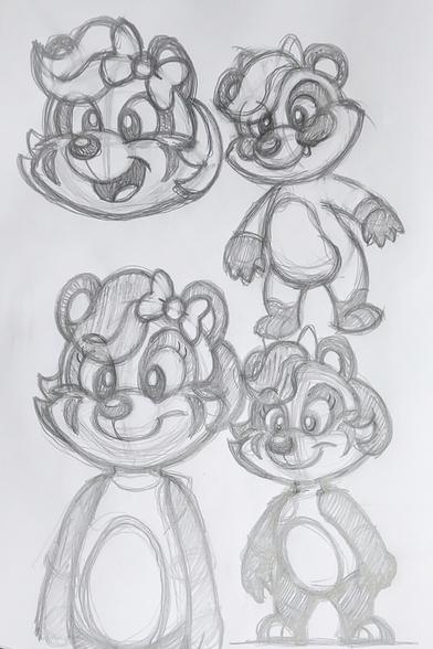 4 sketches of a badger girl furry. All in some form of standing pose with slightly different fur patterns and hairstyles.