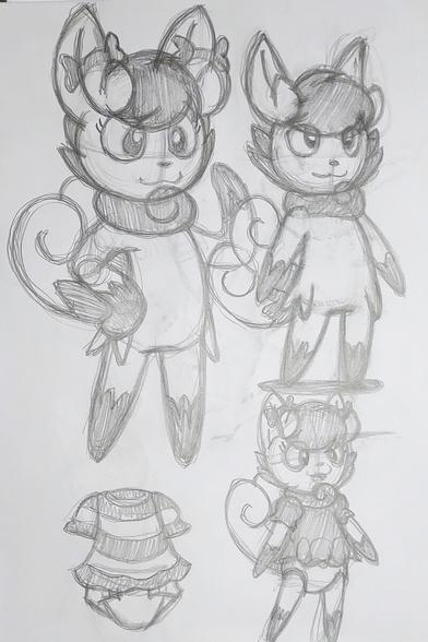 3 sketches of a slightly more anthropomorphic version of the Pokemon Meowstic with the female fur patterns and a sketch of a striped dress and diaper. Two sketches are in cartoon nudity while the last is in slightly different dress and diaper.