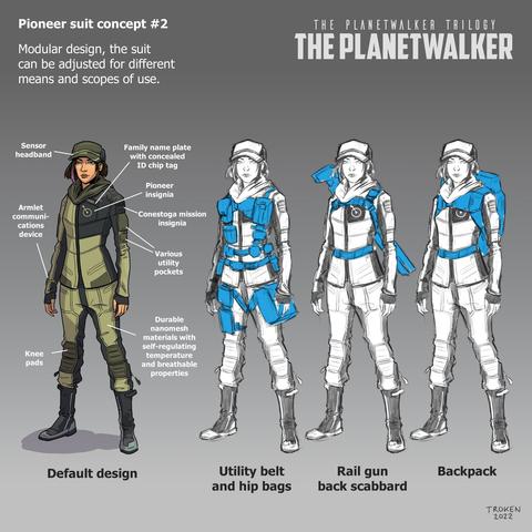 Concept sketch depicting a woman in a survival suit in different versions.