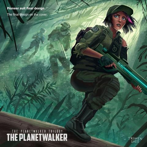 Concept art of three prople in a dense jungle, struggling to get by.