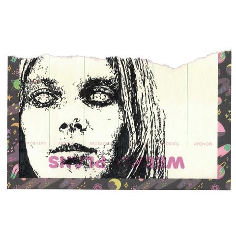 Pen drawing of zombie-esque woman with a blank expression and pupil-less eyes drawn on a torn weekly planner.