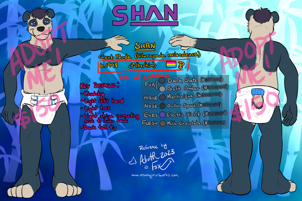 A watermarked reference sheet of an anthropomorphic adult panda, wearing only a diaper.  The watermark says "Adopt me! $150" 

The age, pronouns, and sexuality can be changed by the buyer.