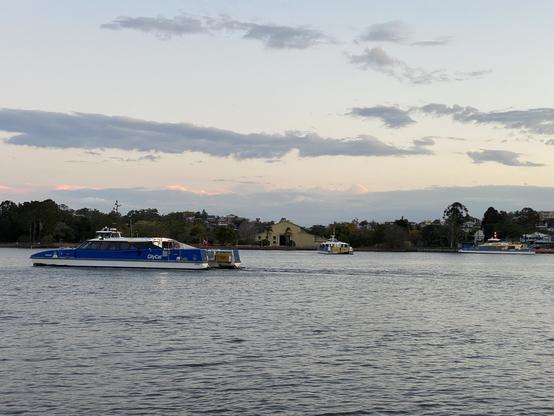 Three City Cat Ferries on the Brisbane river at sunset. A few grey clouds in the distance, a hint of yellow on the higher ones. Lapping water can be heard as the ferries idle waiting their turns to dock on the stop at the far side.