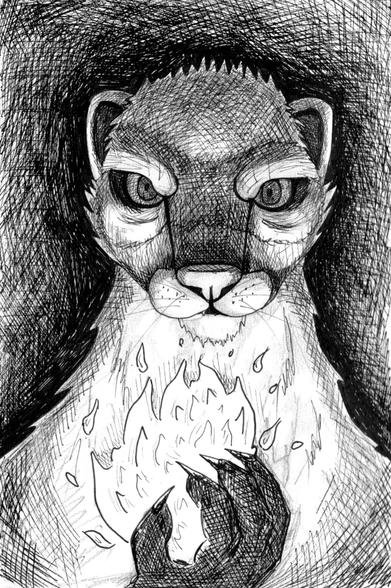 Black and white Micron pen portrait of a ferret using fire magic.