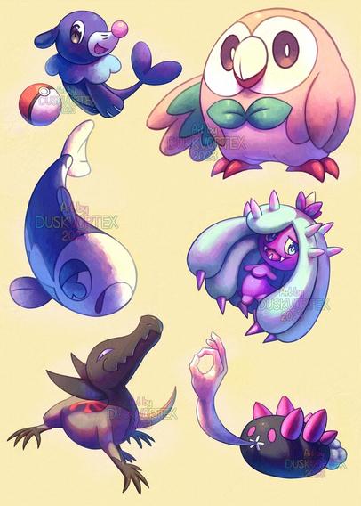 a digital painting featuring various Alolan Pokemon against a yellow background: Popplio, Rowlet, Wishiwashi, Mareanie, Salandit and Pyukumuku, plus a single Pokeball. Pyukumuku's hand is oddly hyperrealistic and is doing the OK sign