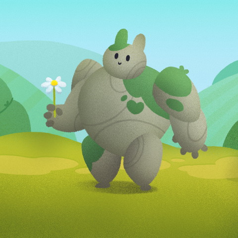 A cute stone elemental with a camomile in its hand.