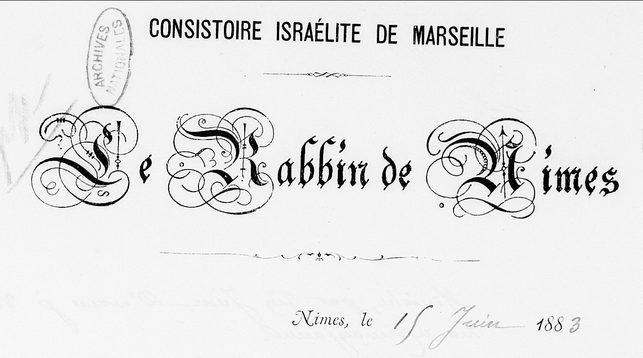 En-tête de courrier avec la mention "Consistoire israélite de Marseille - le rabbin de Nîmes", 1883