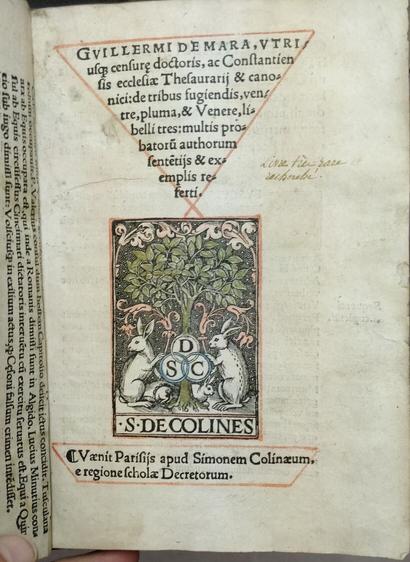 Book title page with letterpress titles and woodcut with three, no, wait, four, rabbits under a tree flanking roundels holding letters S D C. Green, pink, and blue color added.