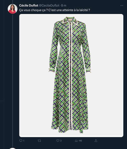 Screenshot du twitter Cécile Duflot @CecileDuflot photo d'une robe verte à motifs geométriques longue jusqu'aux chaussures à l'aspect strict caption= Ça vous choque ça ? C’est une atteinte a la laïcité ?