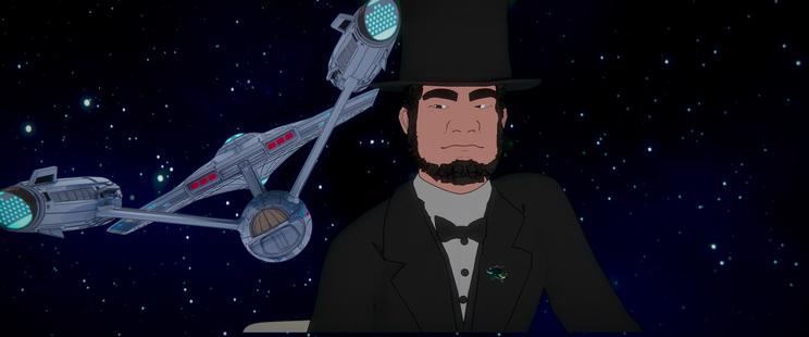 An animated image of a giant Lincoln’s head in space giving a side-eye to the original Enterprise 1701.