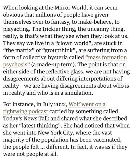 When looking at the Mirror World, it can seem obvious that millions of people have given themselves over to fantasy, to make-believe, to playacting. The trickier thing, the uncanny thing, really, is that’s what they see when they look at us. They say we live in a “clown world”, are stuck in “the matrix” of “groupthink”, are suffering from a form of collective hysteria called “mass formation psychosis” (a made-up term). The point is that on either side of the reflective glass, we are not having disagreements about differing interpretations of reality – we are having disagreements about who is in reality and who is in a simulation.

For instance, in July 2022, Wolf went on a rightwing podcast carried by something called Today’s News Talk and shared what she described as her “latest thinking”. She had noticed that when she went into New York City, where the vast majority of the population has been vaccinated, the people felt … different. In fact, it was as if they were not people at all.