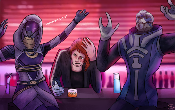 Fan artwork by @ThePixelAgora on Tumblr. Features Mass Effect characters Tali'Zorah vas Normandy, Commander Shepard, and Garrus Vakarian as described in a chapter of Queercrafting Chonk's fanfic "How to Love a Biotic God(dess)". The commander sits behind a bar, blushing in admonishment as her friends (and in the case of the turian Garrus--her boyfriend) imitate how she uses her biotic, aka telekinetic-esque powers, on the battlefield. She has red hair, freckles, and a prosthetic right hand. She wears her iconic N7 black hoodie with red stripe. Tali is in her purple quarian outfit, face obscured by the amaranth plating of her helmet covered by a hood. Text reading "wha-whump" indicates Tali is trying to add  Foley work to her silly scene. Garrus is in navy civilian clothing and is miming the way an enemy is yeeted by one of Shepard's biotic pulses.